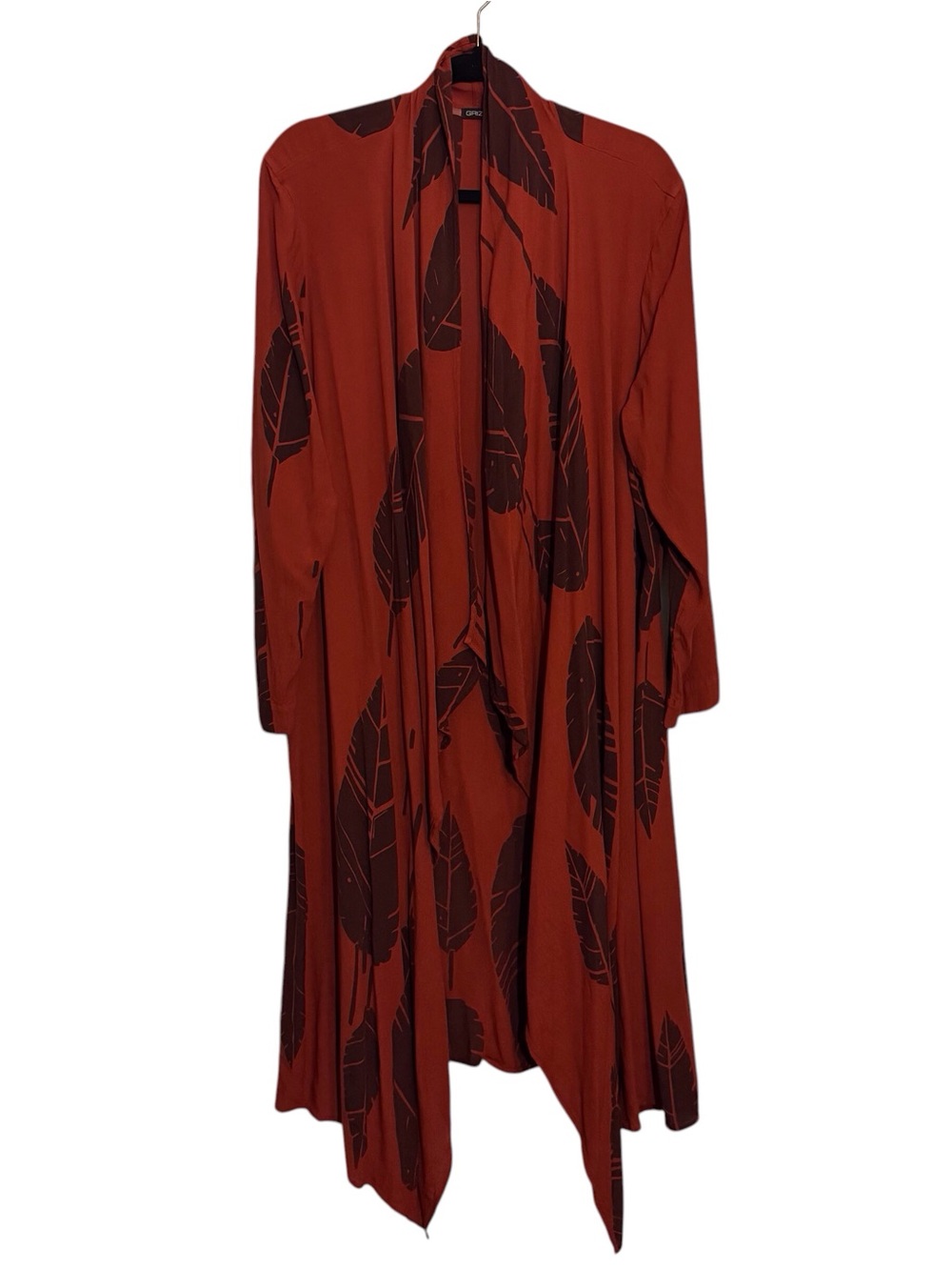 Grizas Small Medium Burnt Orange Leaf Print Duster Top Boho Vacation Open Front
